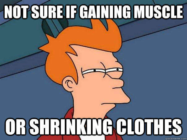 Not sure if gaining muscle or Shrinking clothes - Not sure if gaining muscle or Shrinking clothes  Futurama Fry