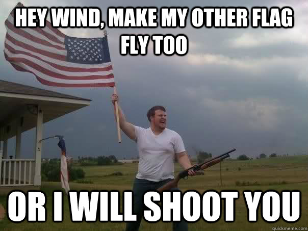 hey wind, make my other flag fly too or i will shoot you  Overly Patriotic American