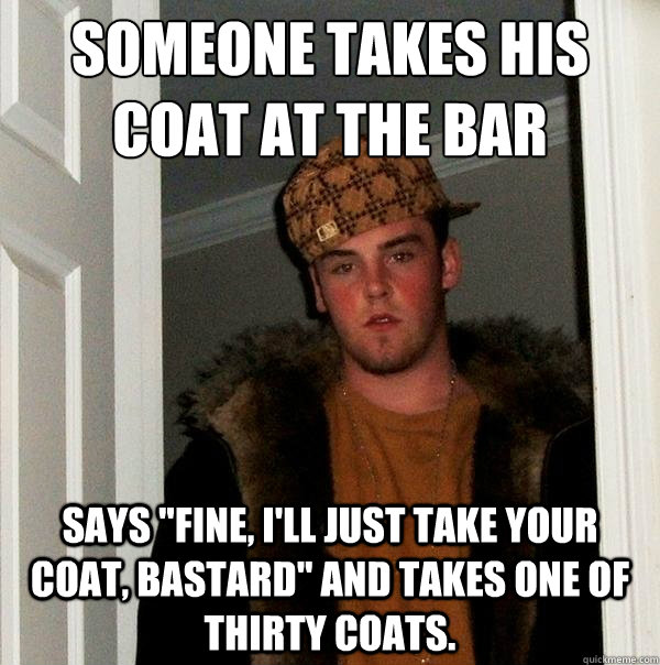 Someone takes his coat at the bar Says 