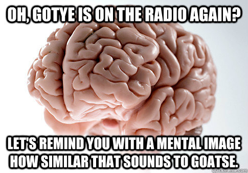 Oh, Gotye is on the radio again? Let's remind you with a mental image how similar that sounds to Goatse.  Scumbag Brain