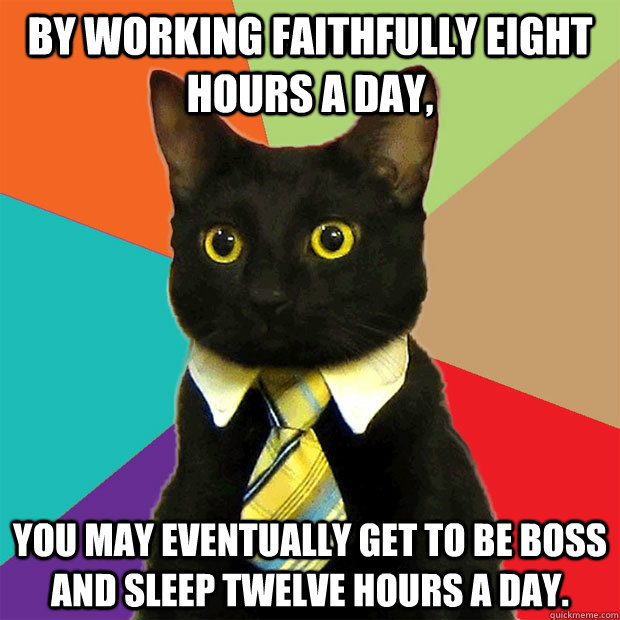 By working faithfully eight hours a day, you may eventually get to be boss and sleep twelve hours a day.  Business Cat