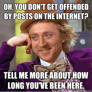 Oh, you don't get offended by posts on the internet? Tell me more about how long you've been here.  Condescending Wonka