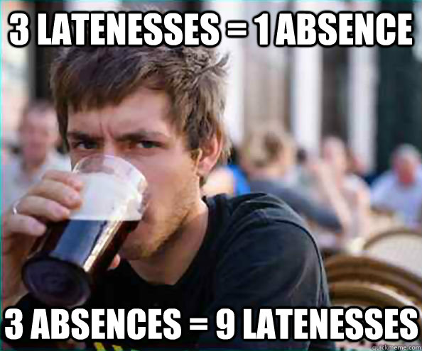 3 latenesses = 1 absence 3 absences = 9 latenesses  Lazy College Senior