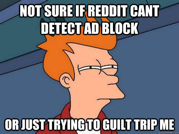 Not sure if Reddit cant detect ad block Or just trying to guilt trip me  Futurama Fry