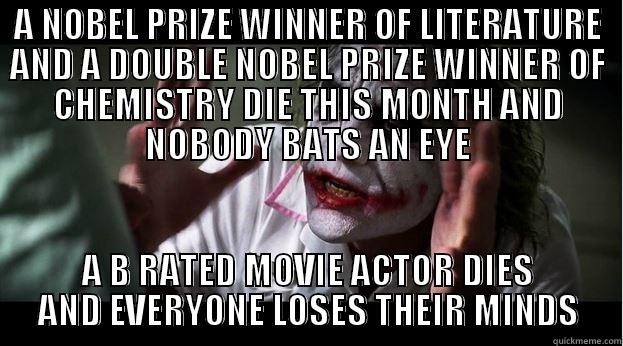 A NOBEL PRIZE WINNER OF LITERATURE AND A DOUBLE NOBEL PRIZE WINNER OF CHEMISTRY DIE THIS MONTH AND NOBODY BATS AN EYE A B RATED MOVIE ACTOR DIES AND EVERYONE LOSES THEIR MINDS Joker Mind Loss