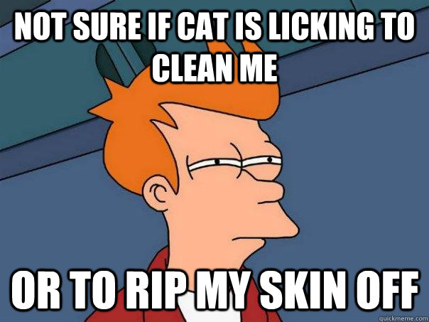 Not sure if cat is licking to clean me Or to rip my skin off  Futurama Fry