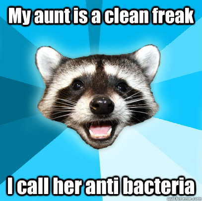 My aunt is a clean freak I call her anti bacteria  Lame Pun Coon