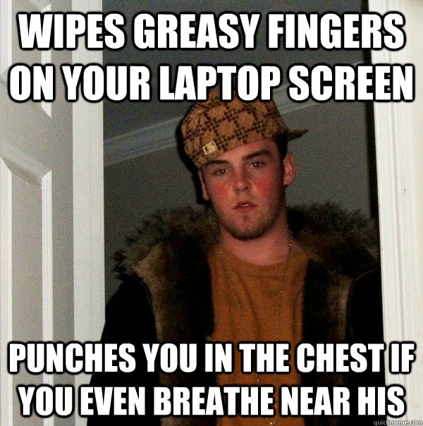 wipes greasy fingers on your laptop screen punches you in the chest if you even breathe near his  Scumbag Steve