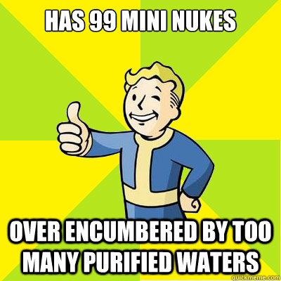 Has 99 mini nukes over encumbered by too many purified waters  Fallout new vegas