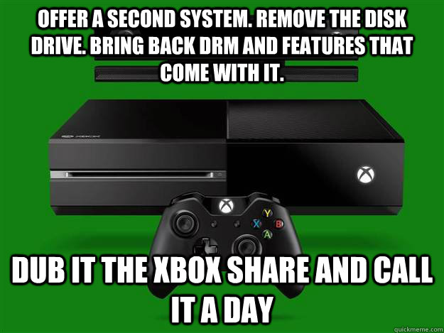 Offer a second system. Remove the disk drive. Bring back drm and features that come with it.  Dub it the Xbox share and call it a day - Offer a second system. Remove the disk drive. Bring back drm and features that come with it.  Dub it the Xbox share and call it a day  Misc