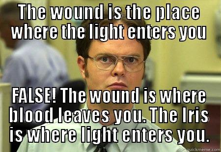 Wounds is the place. - THE WOUND IS THE PLACE WHERE THE LIGHT ENTERS YOU FALSE! THE WOUND IS WHERE BLOOD LEAVES YOU. THE IRIS IS WHERE LIGHT ENTERS YOU. Schrute