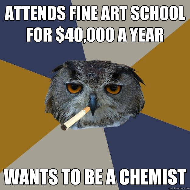 attends fine art school for $40,000 a year wants to be a chemist - attends fine art school for $40,000 a year wants to be a chemist  Art Student Owl