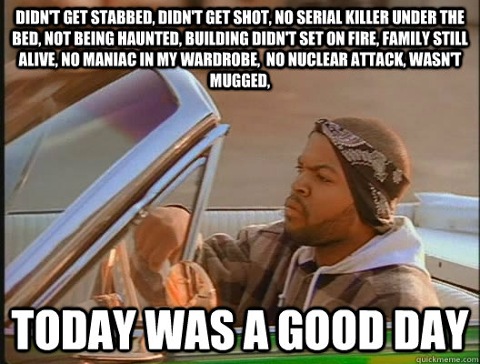 Didn't get stabbed, didn't get shot, no serial killer under the bed, not being haunted, building didn't set on fire, family still alive, no maniac in my wardrobe,  no nuclear attack, wasn't mugged,  Today was a good day  today was a good day