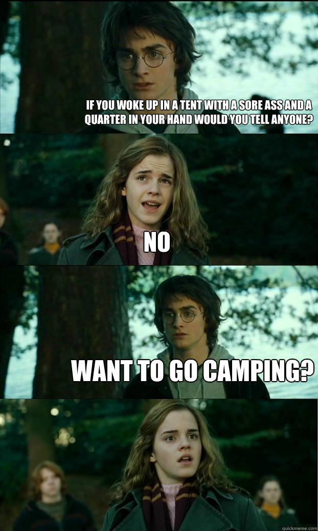 If you woke up in a tent with a sore ass and a quarter in your hand would you tell anyone? no want to go camping?  