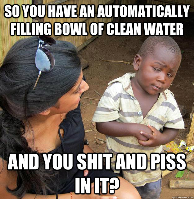 So you have an automatically filling bowl of clean water  and you shit and piss in it? - So you have an automatically filling bowl of clean water  and you shit and piss in it?  Skeptical Third World Child