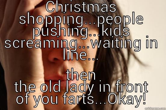 Christmas shopping - CHRISTMAS SHOPPING...PEOPLE PUSHING...KIDS SCREAMING...WAITING IN LINE... THEN THE OLD LADY IN FRONT OF YOU FARTS...OKAY! First World Problems