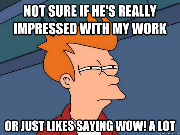 Not sure if he's really impressed with my work Or just likes saying WOW! a lot  Futurama Fry