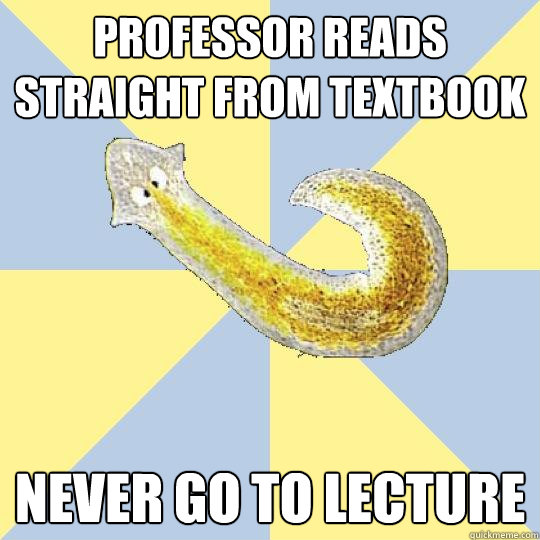 Professor reads straight from textbook Never go to lecture  Bio Major Planarian