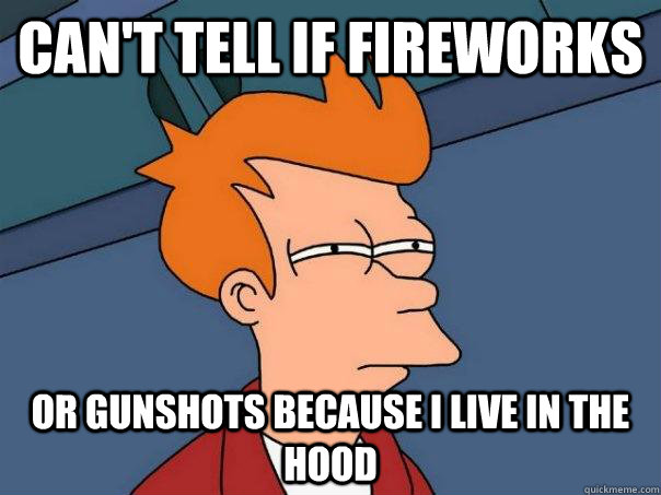 can't tell if fireworks  Or gunshots because i live in the hood  Futurama Fry