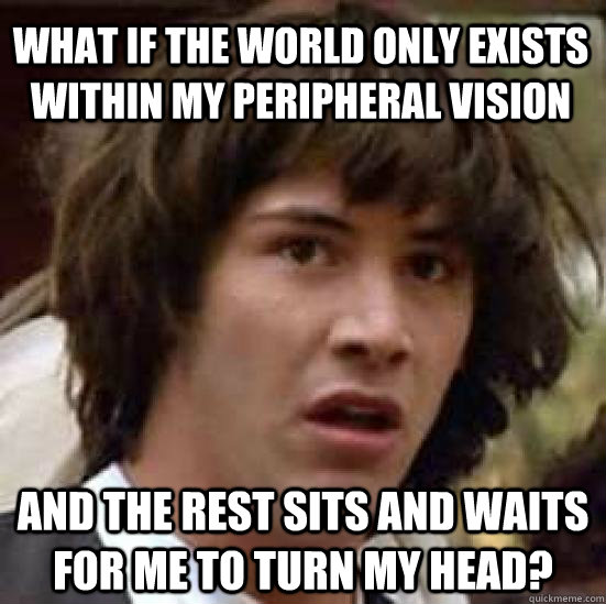 What if the world only exists within my peripheral vision  and the rest sits and waits for me to turn my head? - What if the world only exists within my peripheral vision  and the rest sits and waits for me to turn my head?  conspiracy keanu