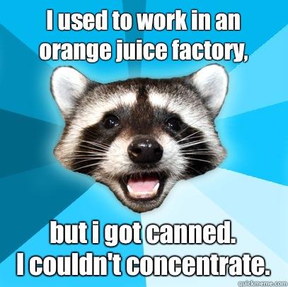 I used to work in an orange juice factory, but i got canned. 
I couldn't concentrate. - I used to work in an orange juice factory, but i got canned. 
I couldn't concentrate.  Lame Pun Coon