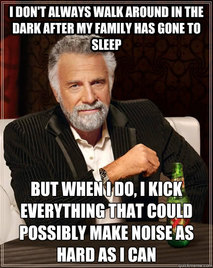 I don't always walk around in the dark after my family has gone to sleep But when I do, I kick everything that could possibly make noise as hard as I can - I don't always walk around in the dark after my family has gone to sleep But when I do, I kick everything that could possibly make noise as hard as I can  The Most Interesting Man In The World