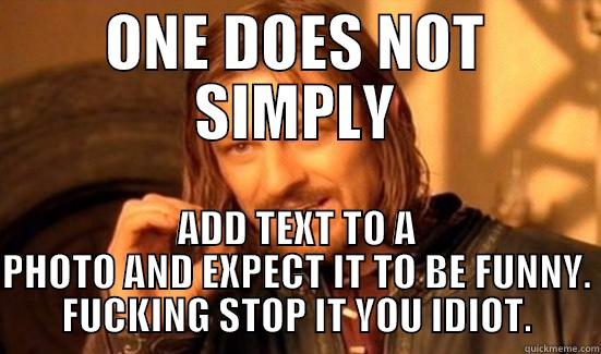 ONE DOES NOT SIMPLY ADD TEXT TO A PHOTO AND EXPECT IT TO BE FUNNY. FUCKING STOP IT YOU IDIOT. Boromir