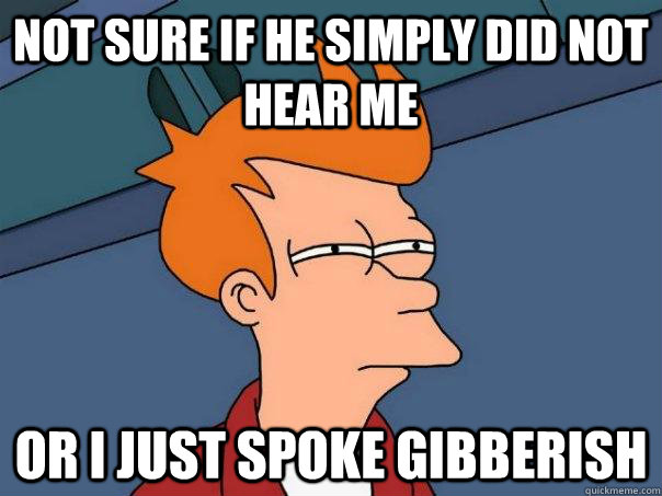 not sure if he simply did not hear me or i just spoke gibberish - not sure if he simply did not hear me or i just spoke gibberish  Futurama Fry