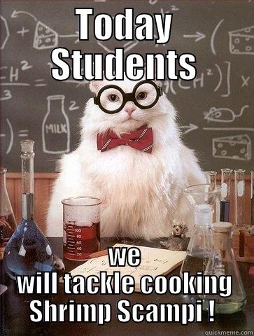 TODAY STUDENTS WE WILL TACKLE COOKING SHRIMP SCAMPI !  Chemistry Cat