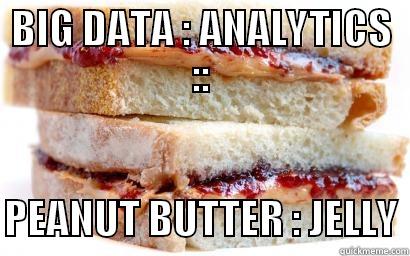 Big data is to analytics as peanut butter is to jelly - BIG DATA : ANALYTICS ::  PEANUT BUTTER : JELLY Misc