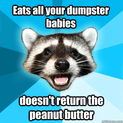 Eats all your dumpster babies doesn't return the peanut butter  Lame Pun Coon