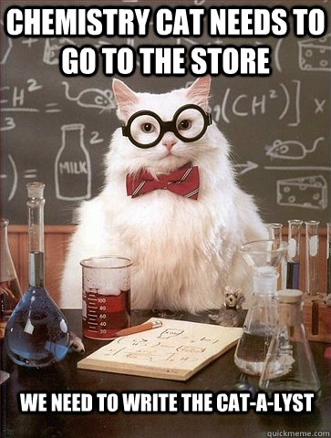 CHEMISTRY CAT NEEDS TO GO TO THE STORE WE NEED TO WRITE THE CAT-A-LYST  Chemistry Cat