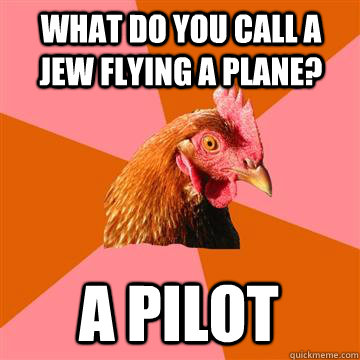 What do you call a jew flying a plane? A pilot  Anti-Joke Chicken