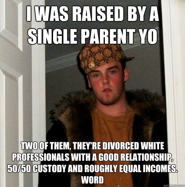 I was raised by a single parent yo Two of them, they're divorced white professionals with a good relationship, 50/50 custody and roughly equal incomes. Word  Scumbag Steve