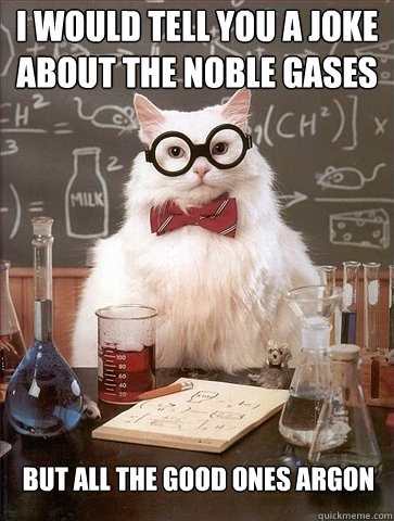 I WOULD TELL YOU A JOKE ABOUT THE NOBLE GASES BUT ALL THE GOOD ONES ARGON - I WOULD TELL YOU A JOKE ABOUT THE NOBLE GASES BUT ALL THE GOOD ONES ARGON  Chemistry Cat