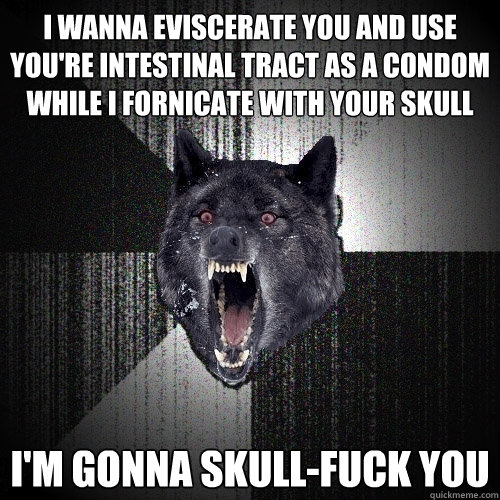 I wanna eviscerate you and use you're intestinal tract as a condom while i fornicate with your skull I'm gonna skull-fuck you  Insanity Wolf