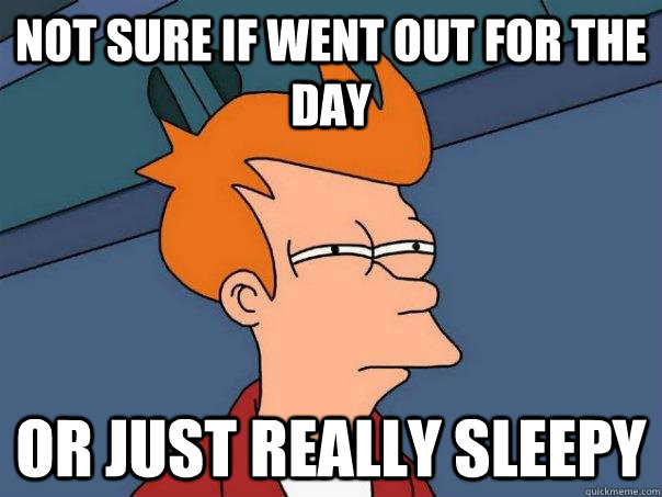 not sure if went out for the day or just really sleepy  Futurama Fry