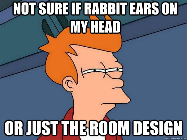 Not sure if Rabbit ears on my head Or just the room design  Futurama Fry