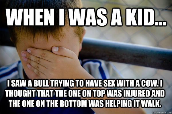 WHEN I WAS A KID... I saw a bull trying to have sex with a cow. I thought that the one on top was injured and the one on the bottom was helping it walk.   Confession kid