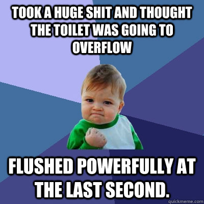 Took a huge shit and thought the toilet was going to overflow  Flushed Powerfully at the last second.  Success Kid