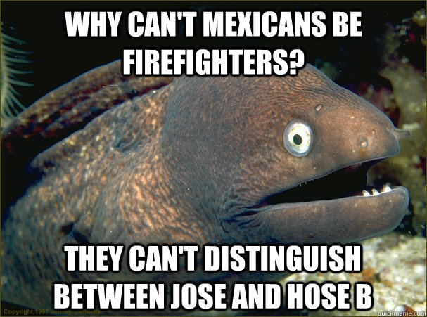 Why can't mexicans be firefighters? they can't distinguish between Jose and hose B   Bad Joke Eel