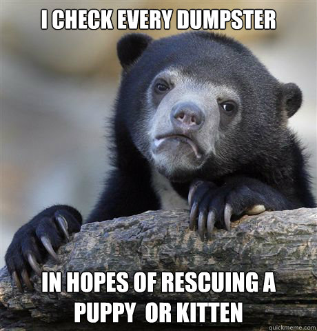 I check every dumpster In hopes of rescuing a puppy  or kitten  Confession Bear