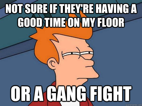 Not sure if they're having a good time on my floor Or a gang fight  Futurama Fry