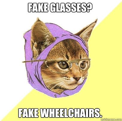 Fake glasses? Fake Wheelchairs.  Hipster Kitty