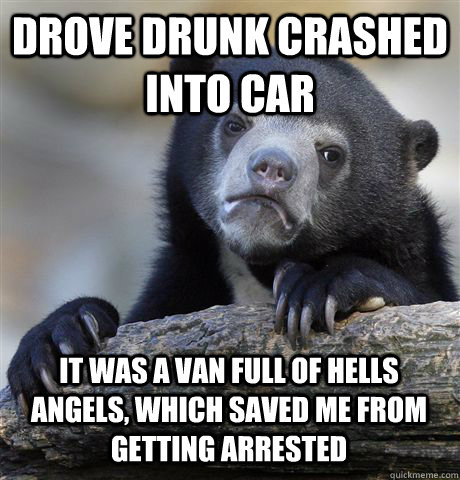 drove drunk crashed into car it was a van full of hells angels, which saved me from getting arrested  Confession Bear