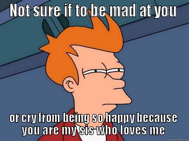 NOT SURE IF TO BE MAD AT YOU OR CRY FROM BEING SO HAPPY BECAUSE YOU ARE MY SIS WHO LOVES ME Futurama Fry