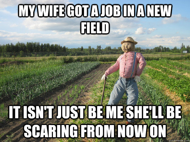 my wife got a job in a new field it isn't just be me she'll be scaring from now on  Scarecrow