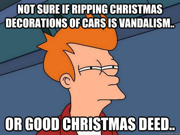 Not sure if Ripping Christmas Decorations of cars is Vandalism.. or good christmas deed..  Futurama Fry