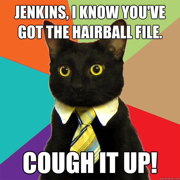 Jenkins, I know you've got the hairball file. Cough it up!  Business Cat