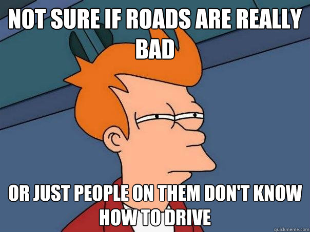 not sure if roads are really bad or just people on them don't know how to drive  Futurama Fry